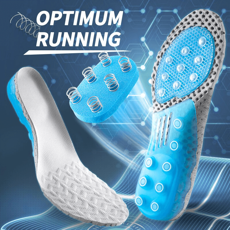 Shock-absorbing orthopedic non-slip insoles for shoes showcasing honeycomb design and arch support for optimal running comfort.